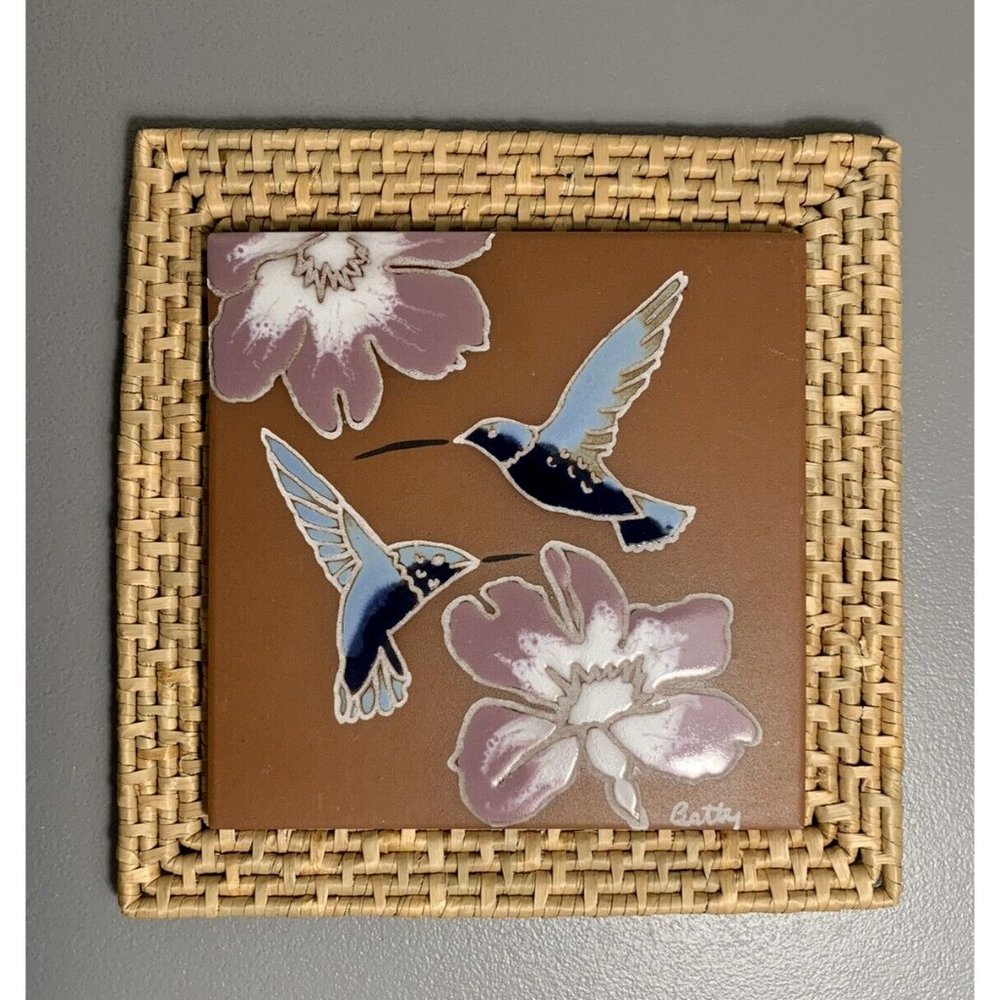 Hand Painted Ceramic Tile Hummingbirds Flowers on Woven Wicker Mat Signed Betty